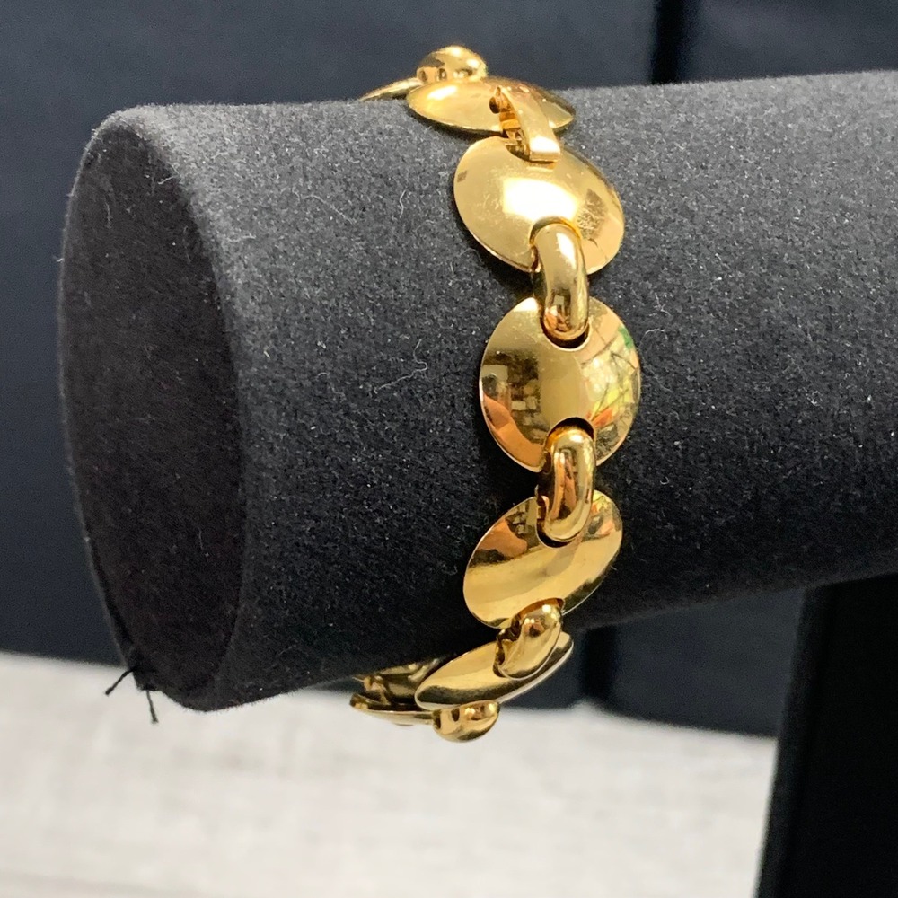Gold Tone Convex Disc Link Bracelet Fold Over Clasp 6.5 Inch 5227